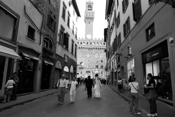 That's the Palazzo Vecchio at the end of the street, look closely and you'll see Zeke and me in our wedding attire!